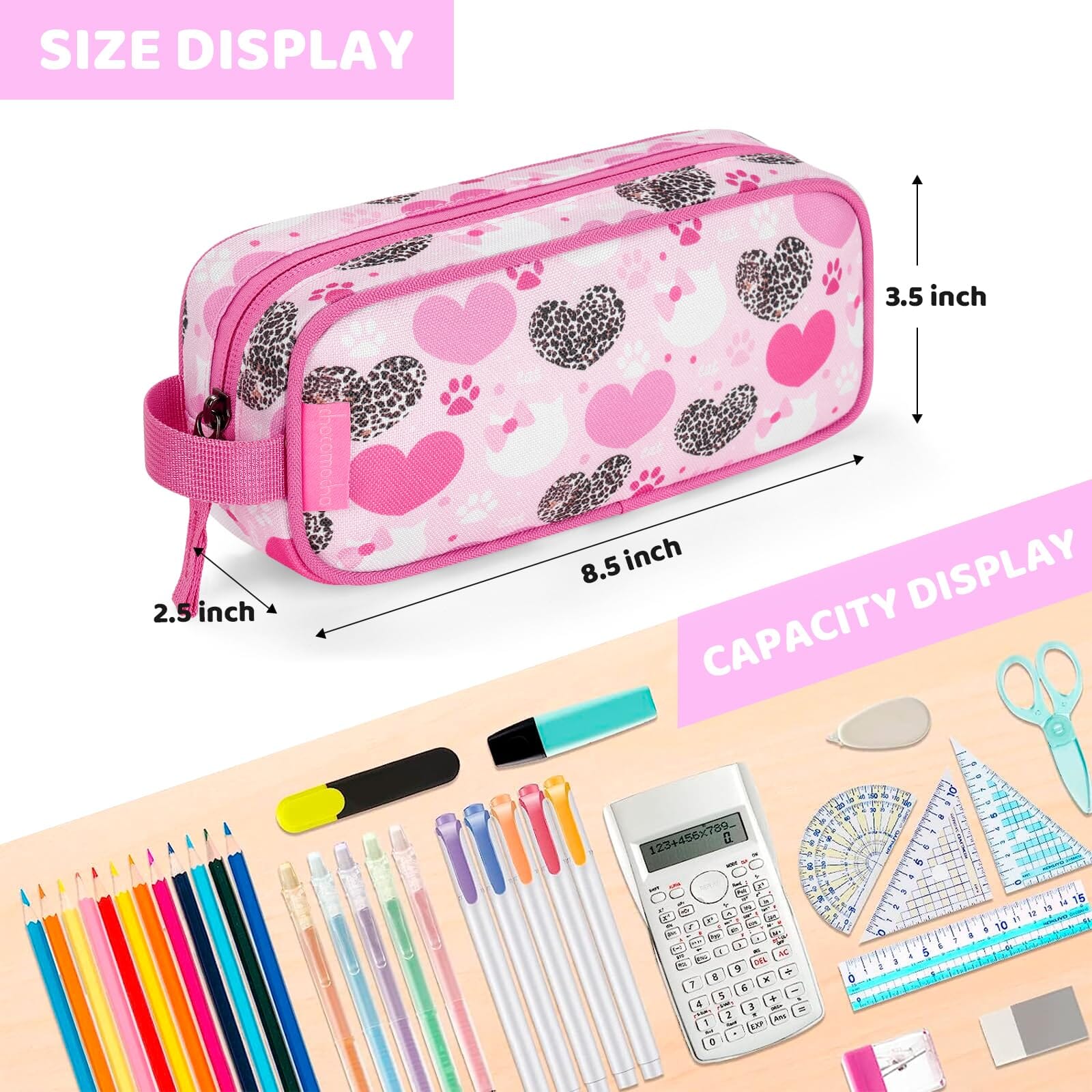 Choco Mocha Cat Pencil Pouch for Kids Toddler Girls, Soft Zipper Small Pencil Case for Little Girls, Kids Heart Pencil Bag for Girls, Pink Choco Mocha 